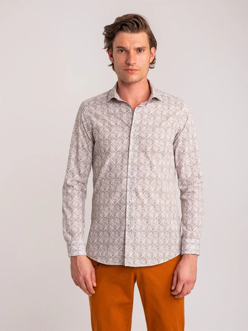 Dufy Green Men's Slim Fit Paul Collar Long Sleeve Shirt