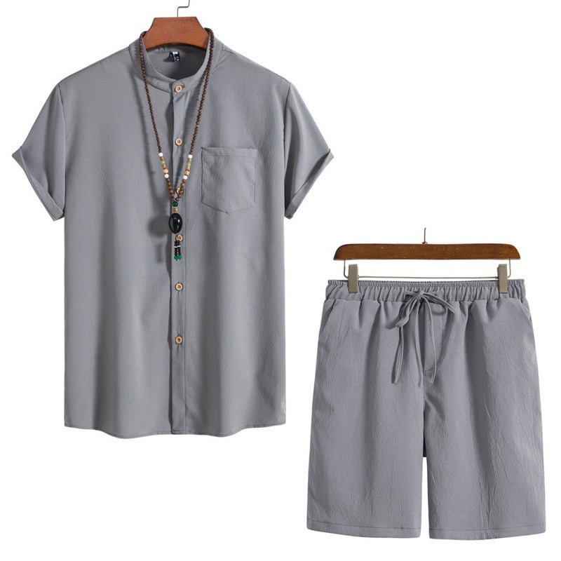 2023 summer mens Chinese style short sleeve retro shirt solid color beach pants shorts suit Gray