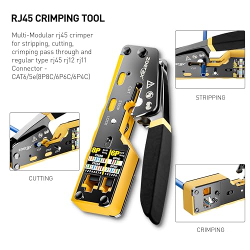 ZoeRax Ethernet Crimping Tool Kit RJ45 Crimp Tools,CAT5 Cat5e Cat6 RJ45 Crimping Tool Kit With Cable Tester, Multiply Stripper, Blades,50Pcs Cat 6 Pass Through Connectors and Strain Relief Boots - Image 2