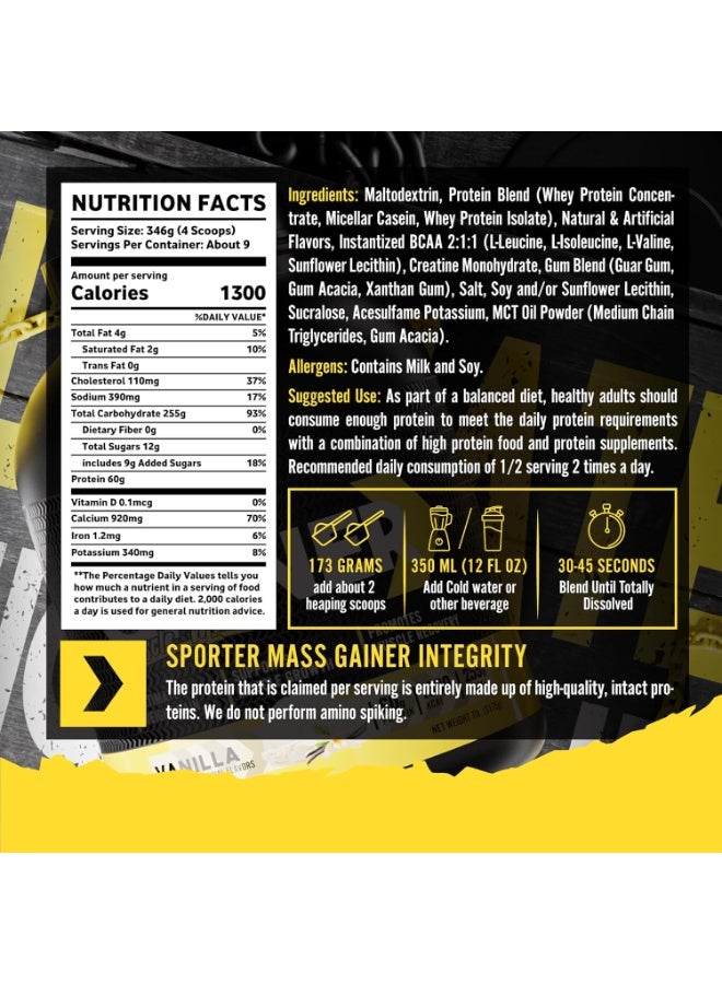 SPORTER Mass Gainer - High-Calorie Muscle Builder with Creatine, BCAA & MCT Oil - 7lb Vanilla for Weight Gain, Muscle Recovery & Strength (1300 Calories/Serving) - Image 4