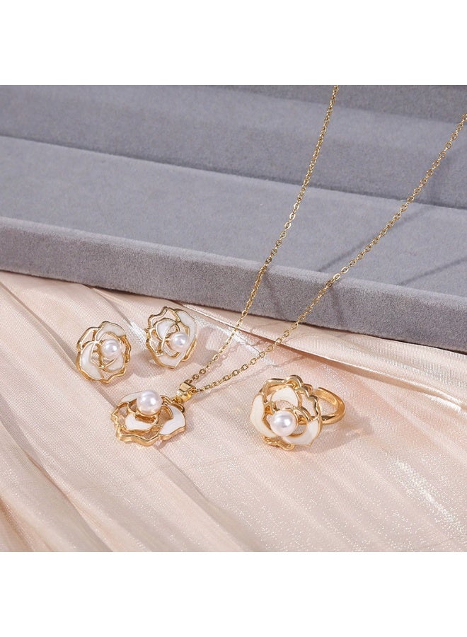 Goolsky Women's Light Luxury French Camellia Jewelry Set - 3PCS Earrings, Chain & Necklace with Pearl Decoration, Elegant Clavicle Chain for Gift - Image 3