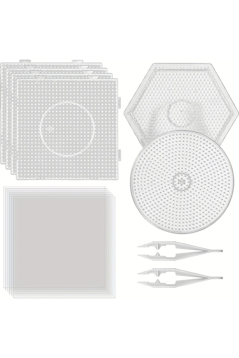 ٦ قطع من ألواح بلاستيكية شفافة كبيرة الحجم ٥ مم، مزودة بخرز وألواح تثبيت، وورق كي، وملقط أبيض.