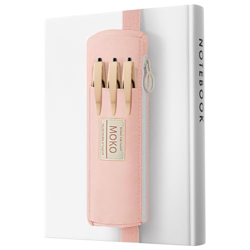 MoKo Pen Holder for Notebook, Pencil Pouch with Adjustable Elastic Band, Slim Portable Zipper Pen Pouch Holder for Planners, Journals, Book, Pink - Image 1