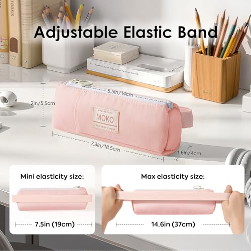 MoKo Pen Holder for Notebook, Pencil Pouch with Adjustable Elastic Band, Slim Portable Zipper Pen Pouch Holder for Planners, Journals, Book, Pink - Image 3