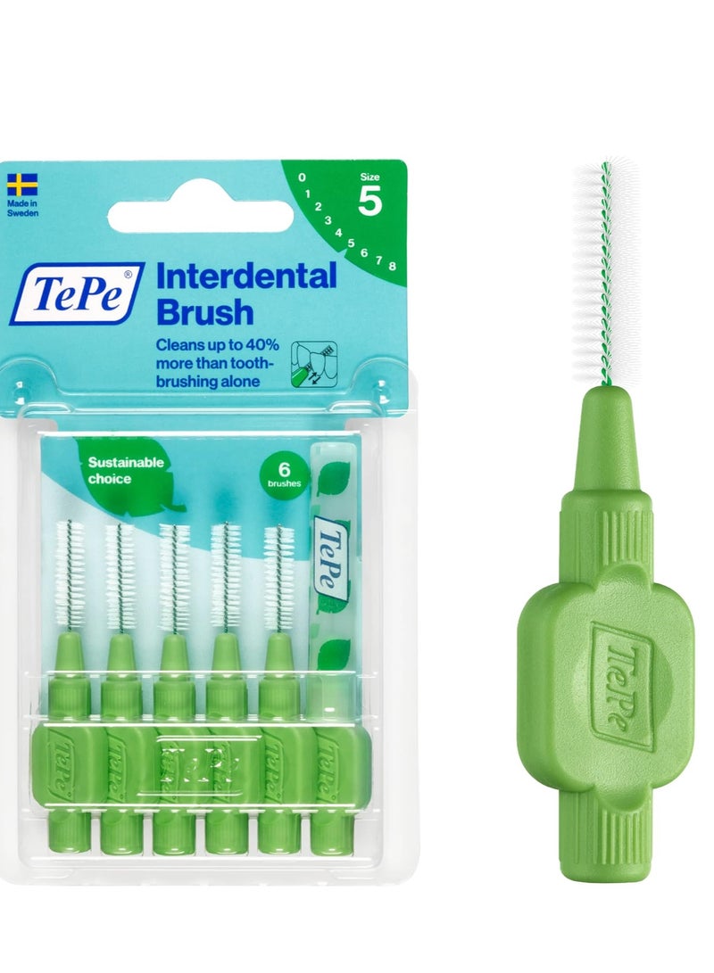Tepe Interdental Brush Original, Soft Dental Brush for Teeth Cleaning, Pack of 6, 0.8mm, Large Gaps, Green, Size 5 - Image 1