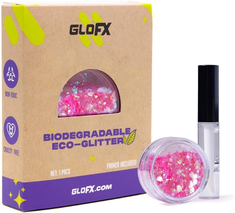 GloFX glitter مكياج قابل للتحلل الوردي | نباتي، صديق للبيئة، glitter للشعر، glitter للوجه أو glitter للجسم | ملحقات مكياج لفعاليات الكوسبلاي، ومهرجانات الموسيقى EDM، والحفلات | 5 جرام من glitter السميك