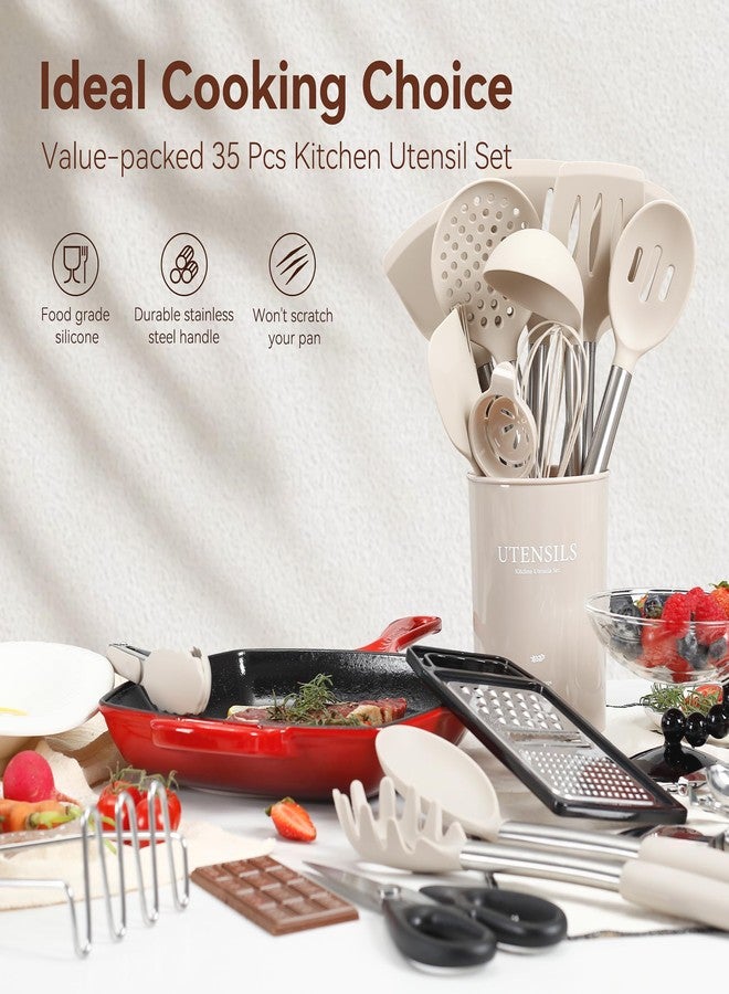 NCUE Silicone Cooking Utensils Set, NCUE 35 Pcs Kitchen Utensils Set with Holder, with Stainless Steel Handle Spatula Set, Spoons, Pasta Server, Cheese Grater, Masher, Scissors, Dishwasher Safe (Khaki) - Image 2