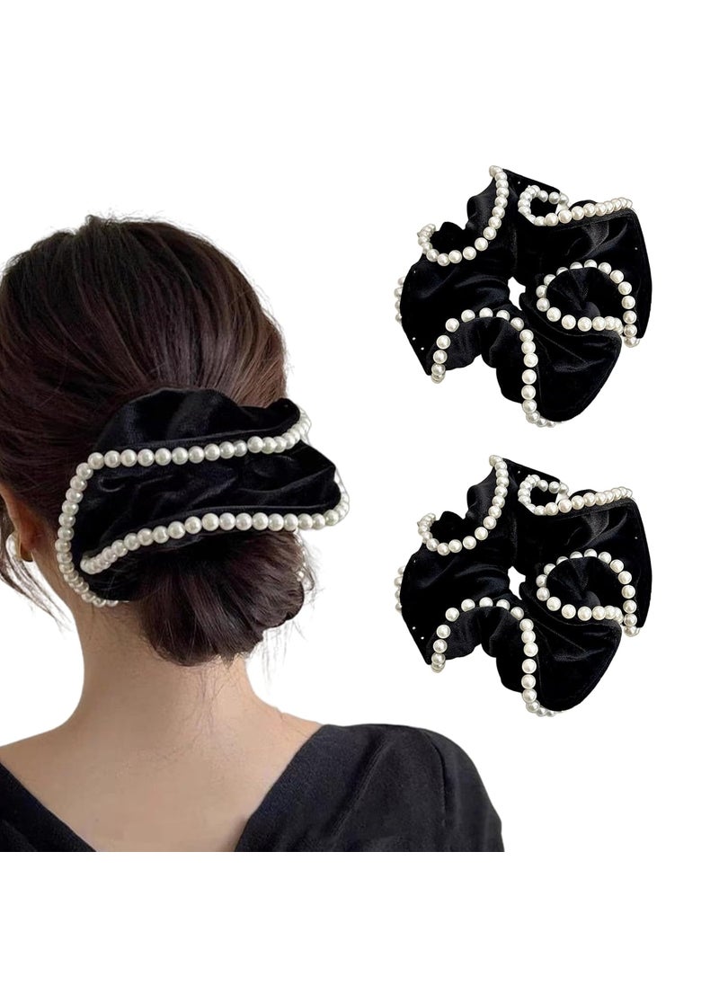PIDOUDOU - 2 Pcs Pearl Hair Velet Scrunchie for Women Hair Ties Ponytail Holder Hair Accessories (Black) - Image 1