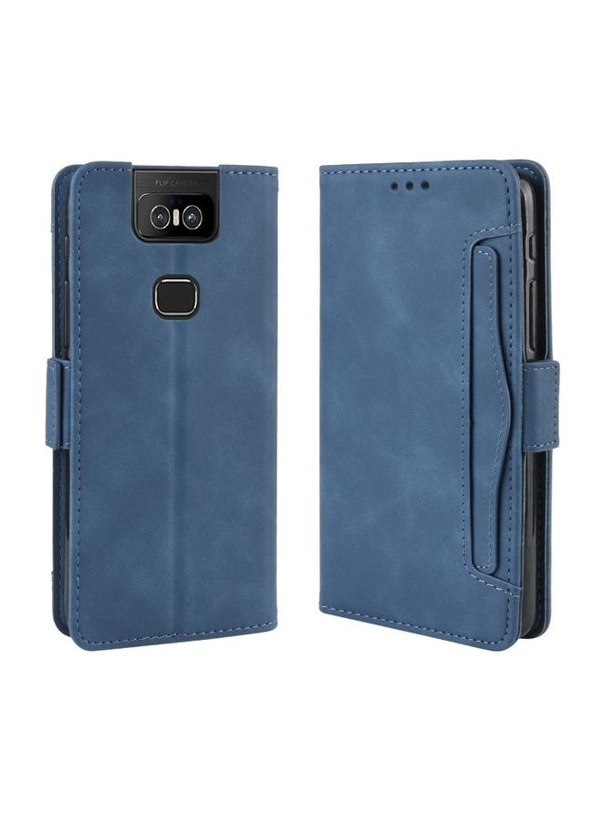 HuHa Case Cover Wallet Style Skin Feel Calf Pattern Leather Case For Asus Zenfone 6 ZS630KL,with Separate Card Slot Blue 