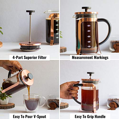 InstaCuppa French Press Coffee Maker 600 ML, 4 Part Superior Filtration System, Heat Resistant Borosilicate Carafe with Measurement Markings, (Copper) - Image 4