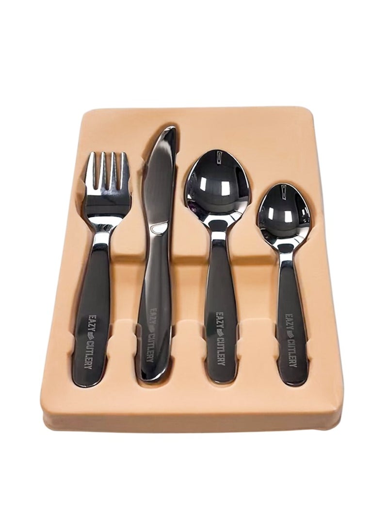 Eazy Kids طقم من 4 أدوات مائدة (ملعقة، شوكة، سكين وملعقة شاي) مع حقيبة سيليكون - رمادي - Image 2