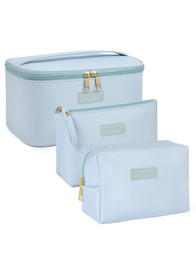 MAANGE Makeup Bag - Large Cosmetic Bag with 2pcs Small Makeup Bags Portable Leather Travel Makeup Bag Set Toiletry Bag Make Up Bags for Women and Girls (Blue) - Image 1