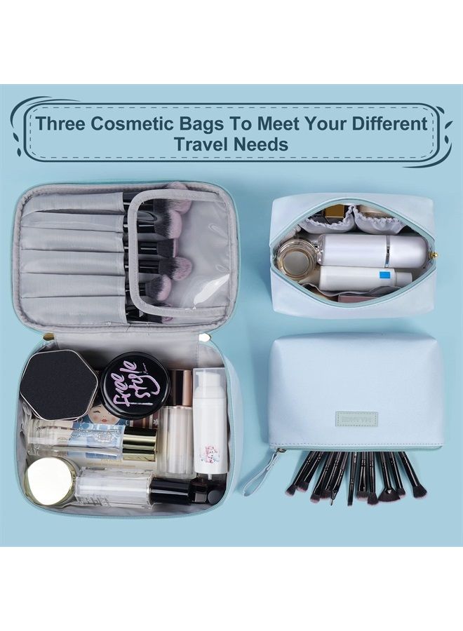 MAANGE Makeup Bag - Large Cosmetic Bag with 2pcs Small Makeup Bags Portable Leather Travel Makeup Bag Set Toiletry Bag Make Up Bags for Women and Girls (Blue) - Image 4