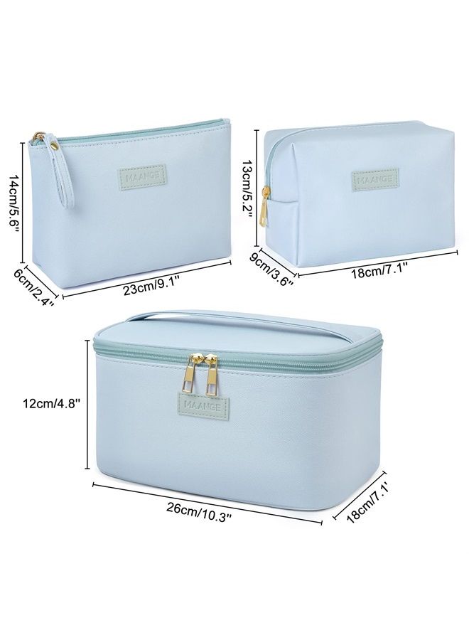 MAANGE Makeup Bag - Large Cosmetic Bag with 2pcs Small Makeup Bags Portable Leather Travel Makeup Bag Set Toiletry Bag Make Up Bags for Women and Girls (Blue) - Image 3