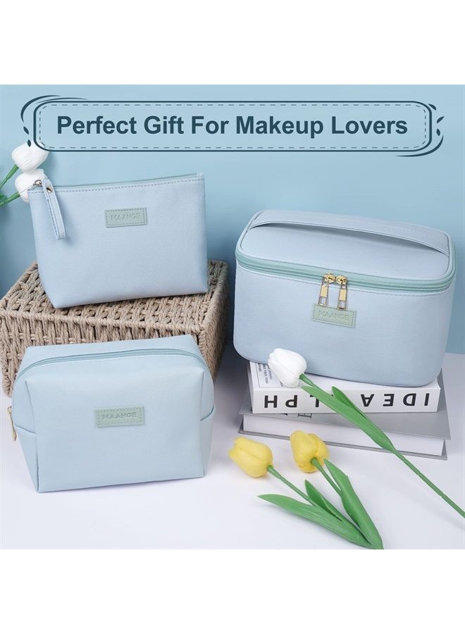 MAANGE Makeup Bag - Large Cosmetic Bag with 2pcs Small Makeup Bags Portable Leather Travel Makeup Bag Set Toiletry Bag Make Up Bags for Women and Girls (Blue) - Image 2