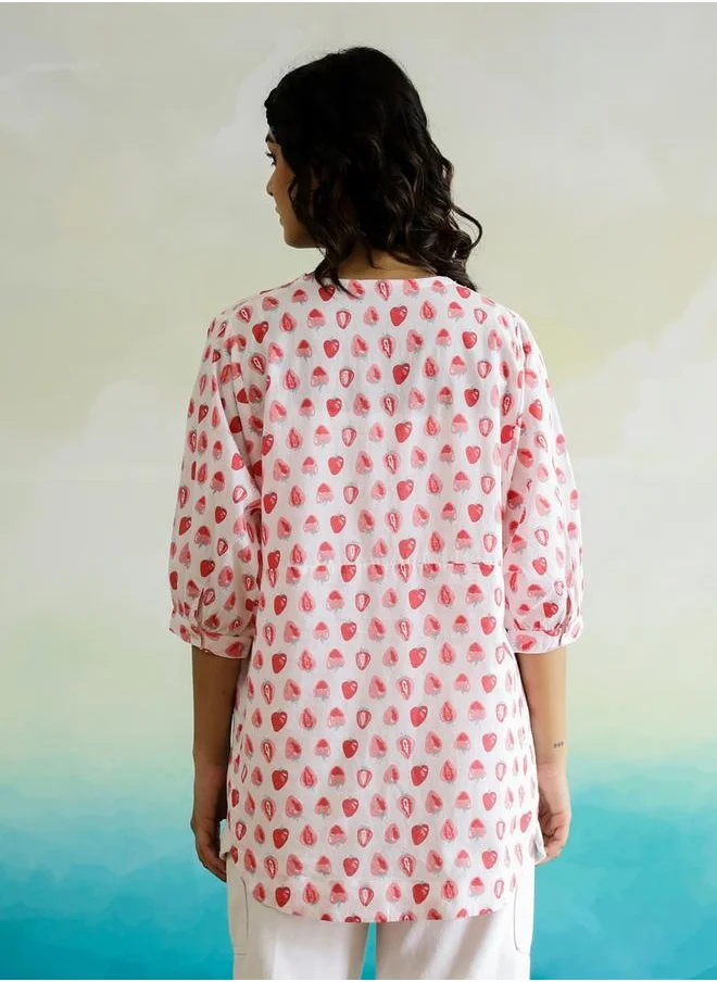 sanskrutihomes All-Over Print V-Neck Batwing Sleeve Cotton Top by Styli