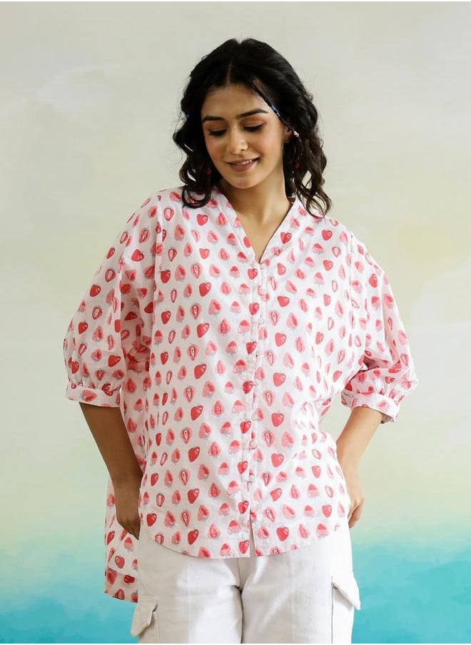 sanskrutihomes All-Over Print V-Neck Batwing Sleeve Cotton Top by Styli  - Image 3
