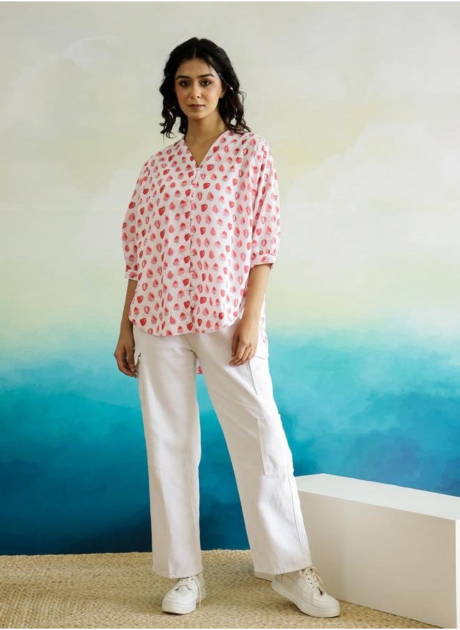 sanskrutihomes All-Over Print V-Neck Batwing Sleeve Cotton Top by Styli  - Image 1