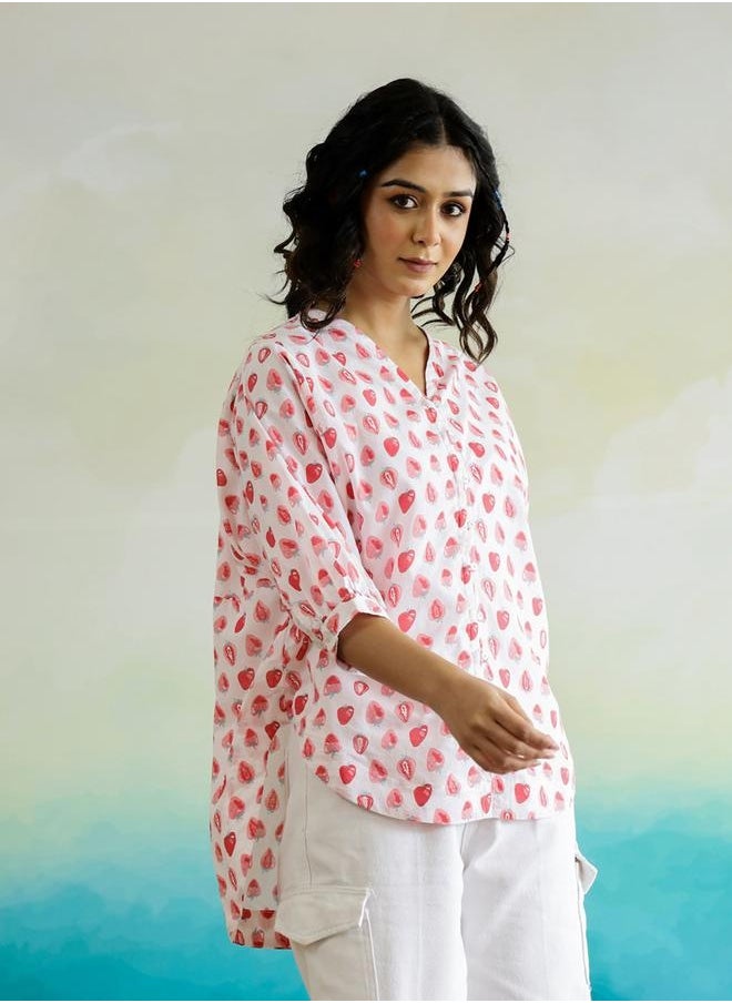 sanskrutihomes All-Over Print V-Neck Batwing Sleeve Cotton Top by Styli  - Image 5