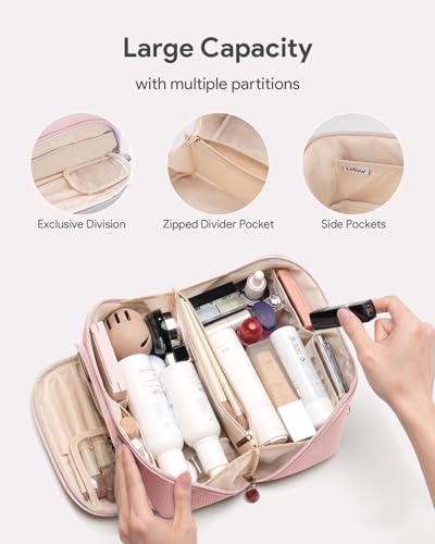 Lotour Makeup Bag Organizer Travel Cosmetic Bag, Large Capacity Skincare Bag for Women Girls, Portable Pouch Open Flat Toiletry Bag for Travel Essentials Toiletries Accessories - Image 3