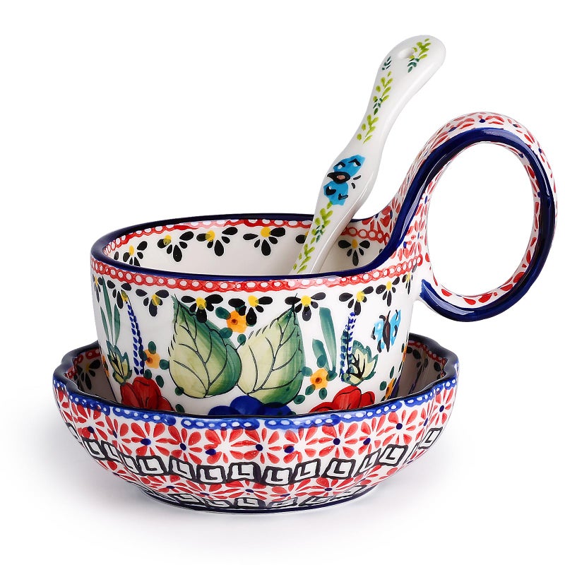 silesia Handmade Loop Handle Soup Bowl, Plate and Spoon Set Ceramic Hand Painted Cereal Bowl Great for Soup, Ice cream, Snack, Stew in Gift Box, Dishwasher & Microwave Safe, Polish Garden - Image 1