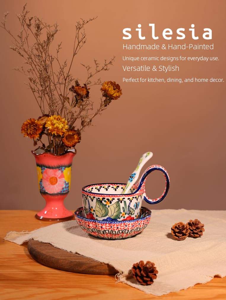 silesia Handmade Loop Handle Soup Bowl, Plate and Spoon Set Ceramic Hand Painted Cereal Bowl Great for Soup, Ice cream, Snack, Stew in Gift Box, Dishwasher & Microwave Safe, Polish Garden - Image 5