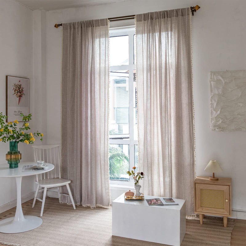 RoomTalks Boho Farmhouse Curtains for Bedroom Living Room 84 Inch Length in Tan French Cabin Rustic Country Cute Cotton Polyester Window Curtain Panels Bohemian Chic Tassel Draperies, 84â€™â€™L x 52â€™â€™W - Image 2
