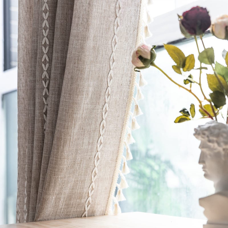 RoomTalks Boho Farmhouse Curtains for Bedroom Living Room 84 Inch Length in Tan French Cabin Rustic Country Cute Cotton Polyester Window Curtain Panels Bohemian Chic Tassel Draperies, 84â€™â€™L x 52â€™â€™W - Image 3