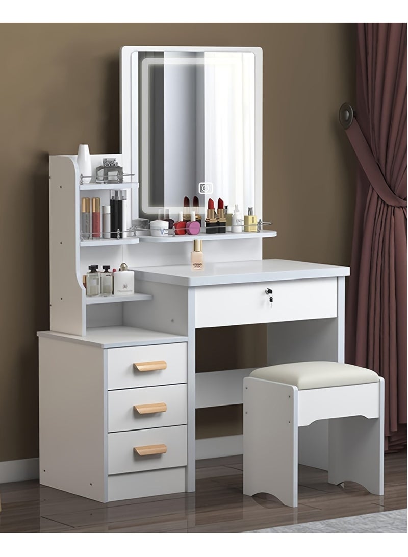 GoldenLike  طاولة الفراغ الحديثة مع مرآة LED ، كرسي مكتب ماكياج 100 سم مع خزانة تخزين لغرفة النوم - Image 1