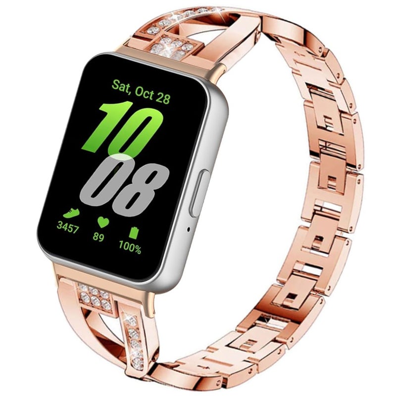 Sankel Compatible for Samsung Galaxy Fit 3 Band, Women [No Gap] Metal Replacement Chain Bling Rhinestone Galaxy Fit3 Strap Watch Band Wristband for Samsung Galaxy Fit 3 SM-R390 Smartwatch (RoseGold) - Image 1