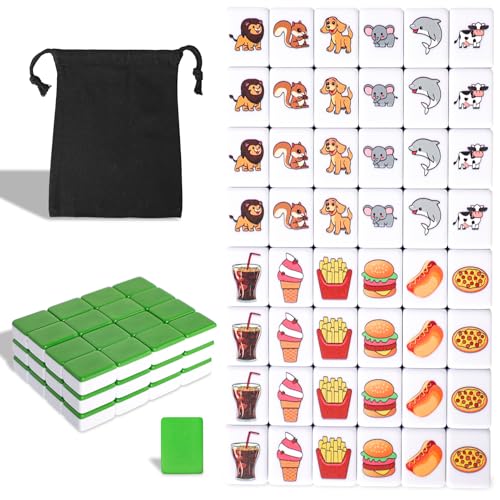 GRACIAS 2 Players Mahjong Block Set Mahjong Tile Game with 50 Premium Green Tiles30mm Animal and Food Pattern Portable Mahjongg Set with A Carry Bag - Image 1