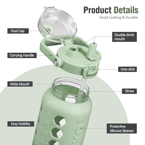 MUKOKO Half Gallon/64 oz Glass Water Bottles with Straw and Lid,Motivational Water Jug with Time Marker Reminder and Silicone Sleeve,100% Leakproof BPA Free Fitness Sports Large Bottle-Green - Image 3
