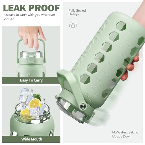 MUKOKO Half Gallon/64 oz Glass Water Bottles with Straw and Lid,Motivational Water Jug with Time Marker Reminder and Silicone Sleeve,100% Leakproof BPA Free Fitness Sports Large Bottle-Green - Image 4