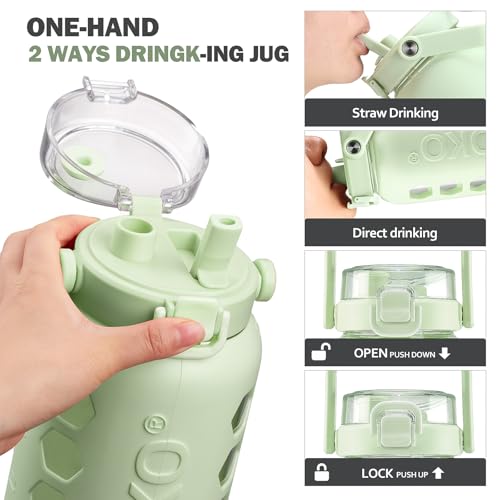 MUKOKO Half Gallon/64 oz Glass Water Bottles with Straw and Lid,Motivational Water Jug with Time Marker Reminder and Silicone Sleeve,100% Leakproof BPA Free Fitness Sports Large Bottle-Green - Image 5