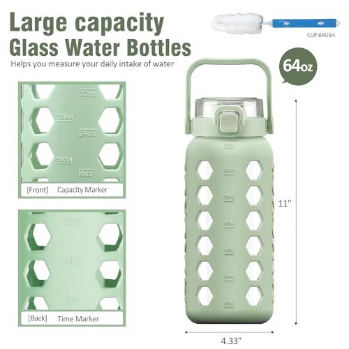 MUKOKO Half Gallon/64 oz Glass Water Bottles with Straw and Lid,Motivational Water Jug with Time Marker Reminder and Silicone Sleeve,100% Leakproof BPA Free Fitness Sports Large Bottle-Green - Image 2