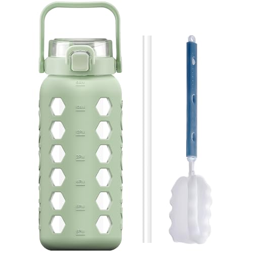 MUKOKO Half Gallon/64 oz Glass Water Bottles with Straw and Lid,Motivational Water Jug with Time Marker Reminder and Silicone Sleeve,100% Leakproof BPA Free Fitness Sports Large Bottle-Green - Image 1