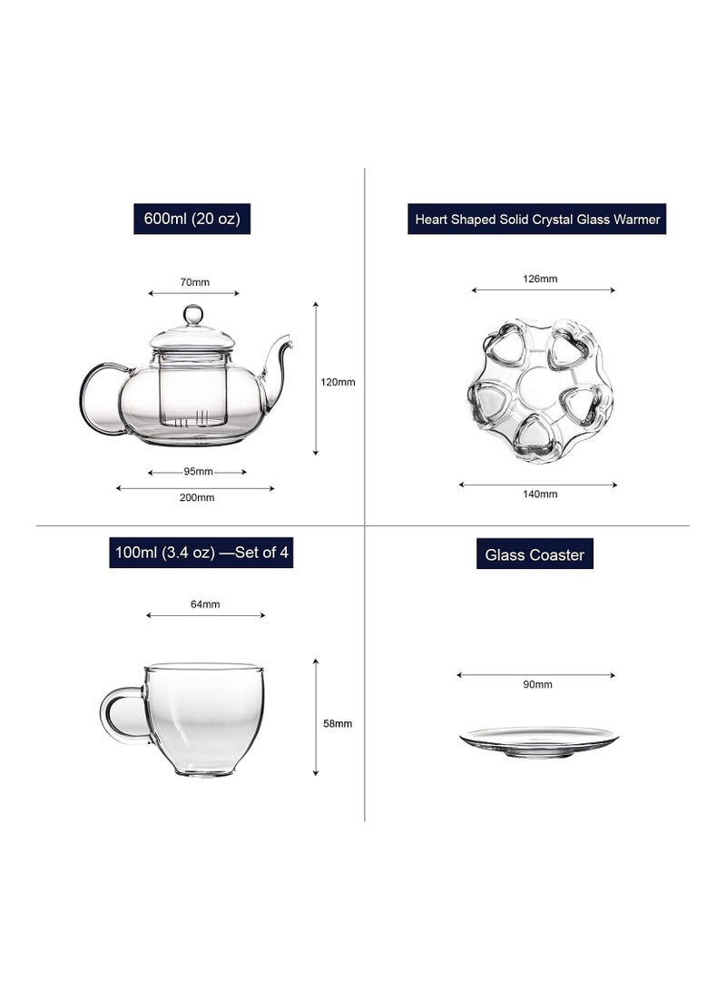 1Chase 600ML Borosilicate Glass  Teapot With Heart Shape Tea Warmer And 4Pcs 100 ML Tea Cups, Gift Set - Image 5