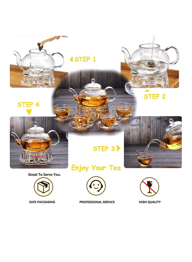 1Chase 600ML Borosilicate Glass  Teapot With Heart Shape Tea Warmer And 4Pcs 100 ML Tea Cups, Gift Set - Image 3