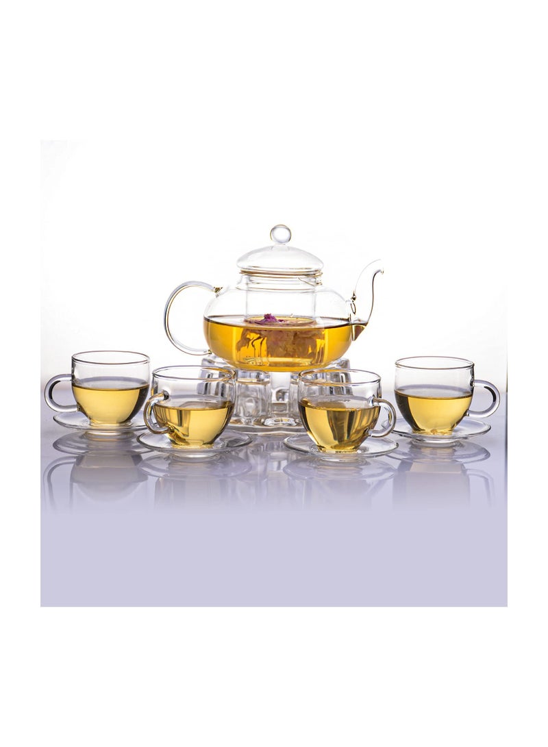 1Chase 600ML Borosilicate Glass  Teapot With Heart Shape Tea Warmer And 4Pcs 100 ML Tea Cups, Gift Set - Image 2