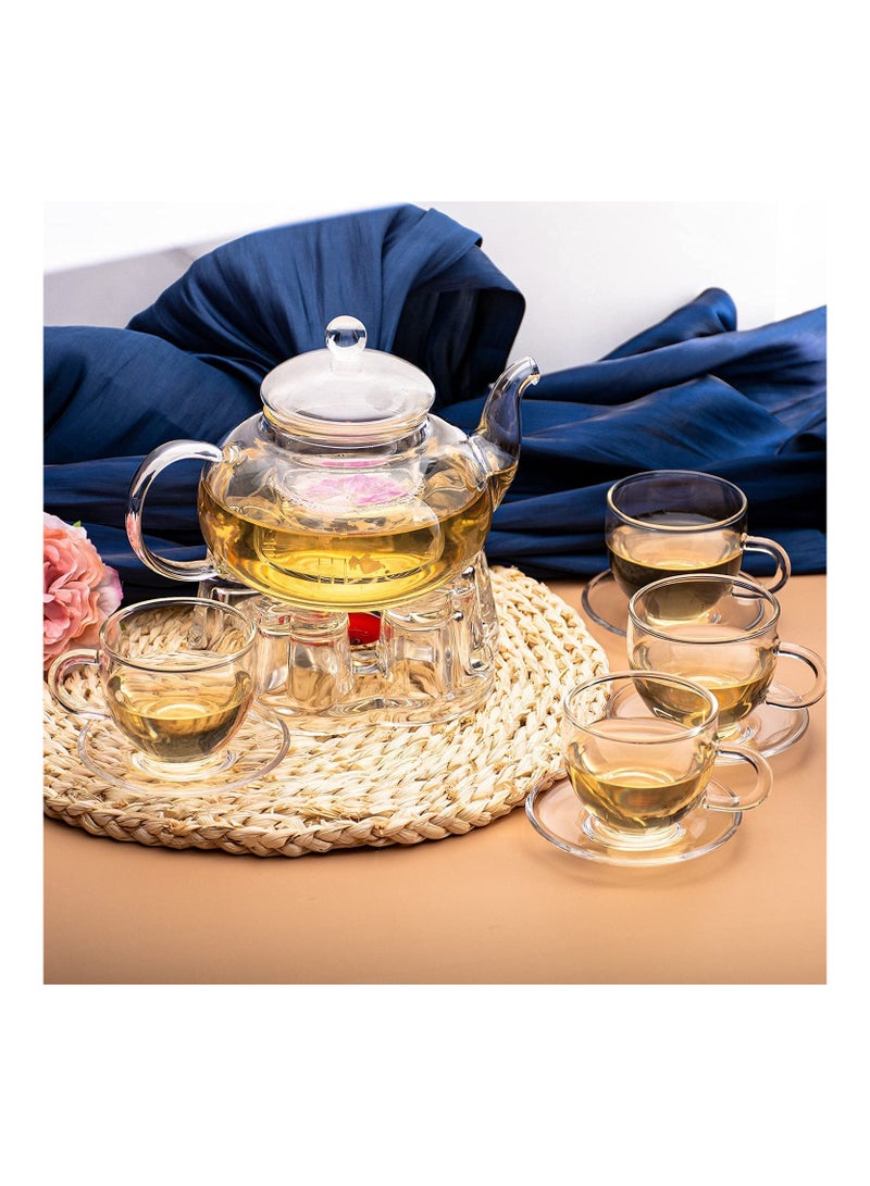 1Chase 600ML Borosilicate Glass  Teapot With Heart Shape Tea Warmer And 4Pcs 100 ML Tea Cups, Gift Set - Image 4
