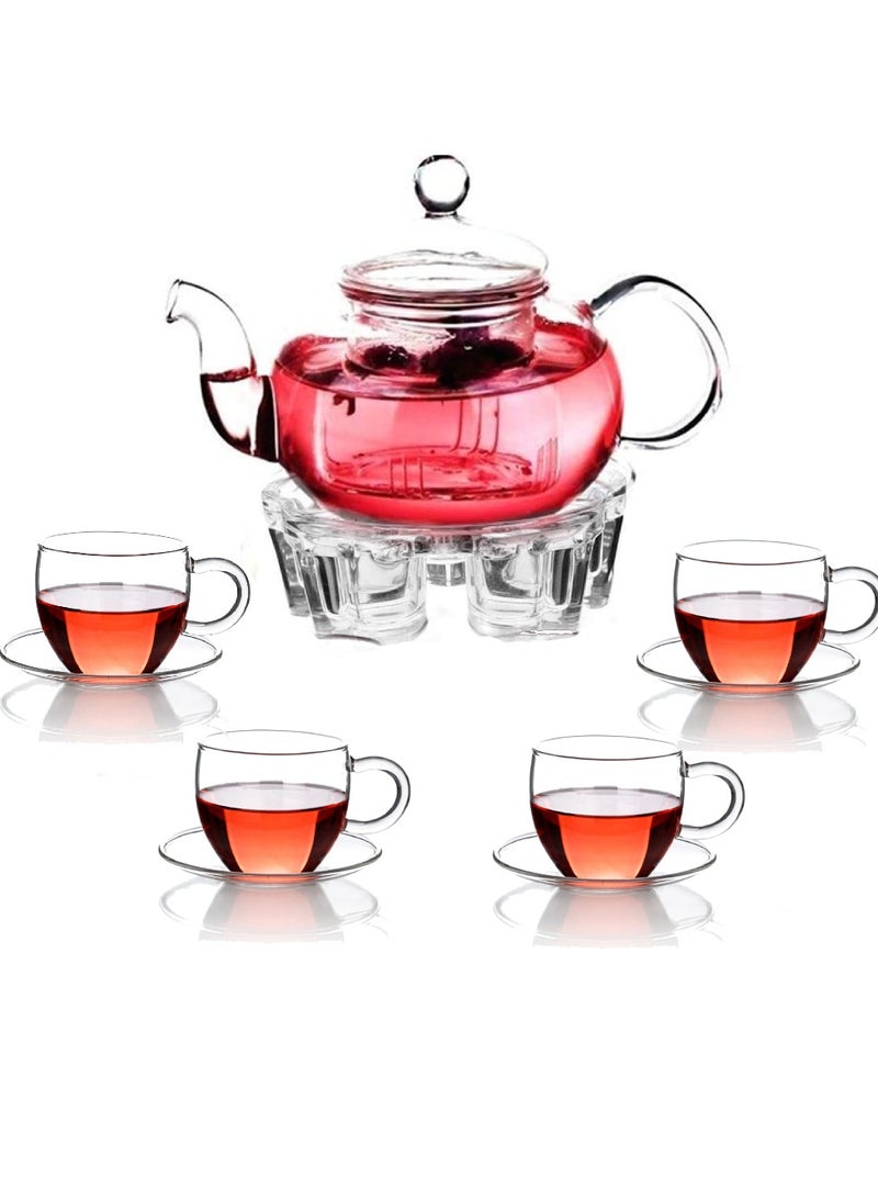 1Chase 600ML Borosilicate Glass  Teapot With Heart Shape Tea Warmer And 4Pcs 100 ML Tea Cups, Gift Set - Image 1