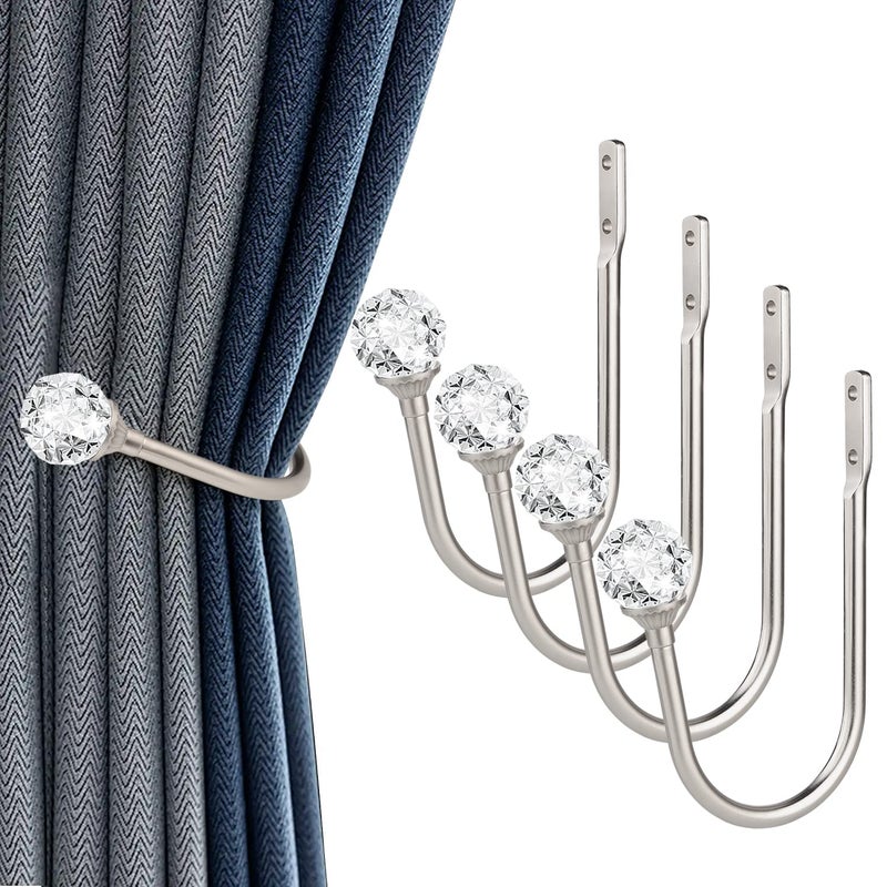 gobutend Curtain Holdbacks 4 Pcs Curtain Tiebacks Hooks For Drapes With Clear Crystal Ball Wall Mounted Window Curtain Holder For Home Decor Silver - Image 1