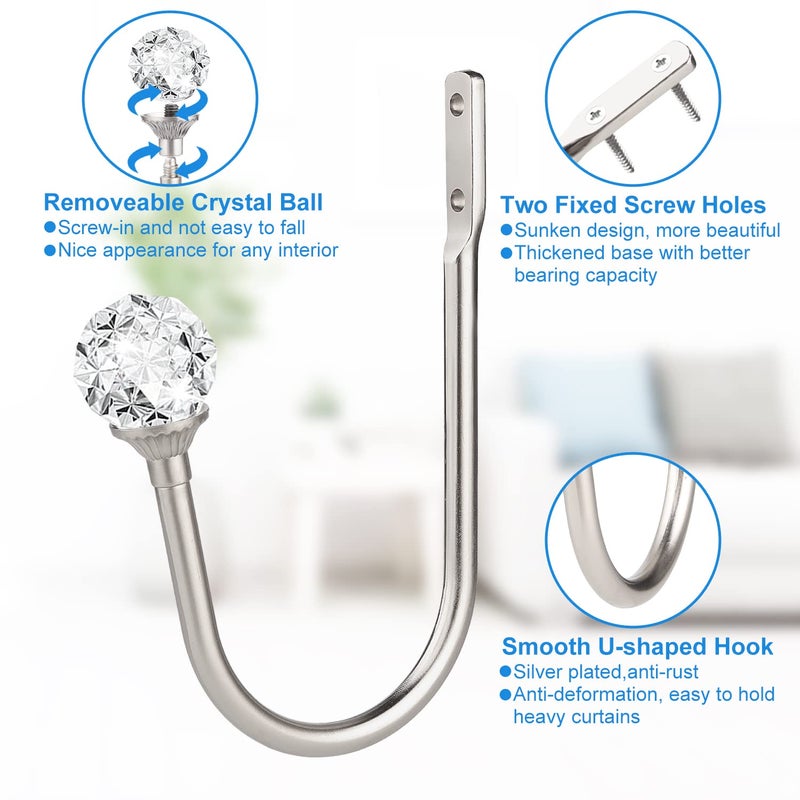 gobutend Curtain Holdbacks 4 Pcs Curtain Tiebacks Hooks For Drapes With Clear Crystal Ball Wall Mounted Window Curtain Holder For Home Decor Silver - Image 2