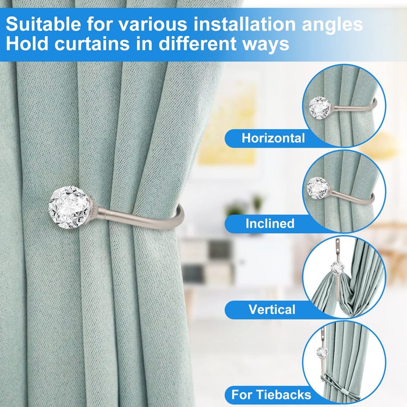 gobutend Curtain Holdbacks 4 Pcs Curtain Tiebacks Hooks For Drapes With Clear Crystal Ball Wall Mounted Window Curtain Holder For Home Decor Silver - Image 4