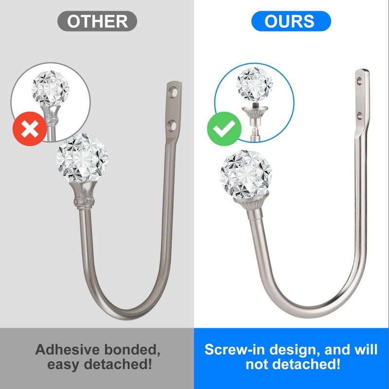 gobutend Curtain Holdbacks 4 Pcs Curtain Tiebacks Hooks For Drapes With Clear Crystal Ball Wall Mounted Window Curtain Holder For Home Decor Silver - Image 3