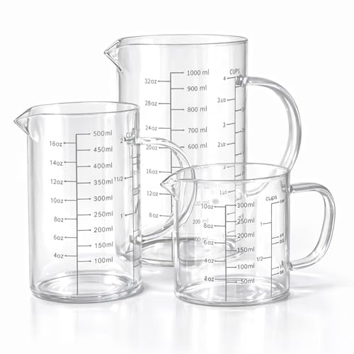 77L 3 Pack Glass Measuring Cup Set 1 14 2 4 Cup Insulated handle VShaped Spout High Borosilicate Liquid Glass Measure Cup for Kitchen Easy To Read Dishwasher Freezer and Microwave Safe - Image 1