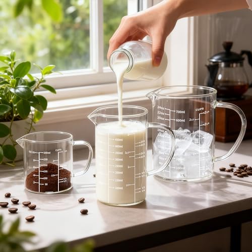 77L 3 Pack Glass Measuring Cup Set 1 14 2 4 Cup Insulated handle VShaped Spout High Borosilicate Liquid Glass Measure Cup for Kitchen Easy To Read Dishwasher Freezer and Microwave Safe - Image 3