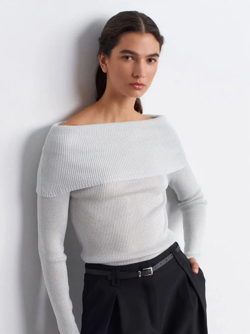 ديلفين Dilvin Fitted Off-Shoulder Ribbed Knit Sweater