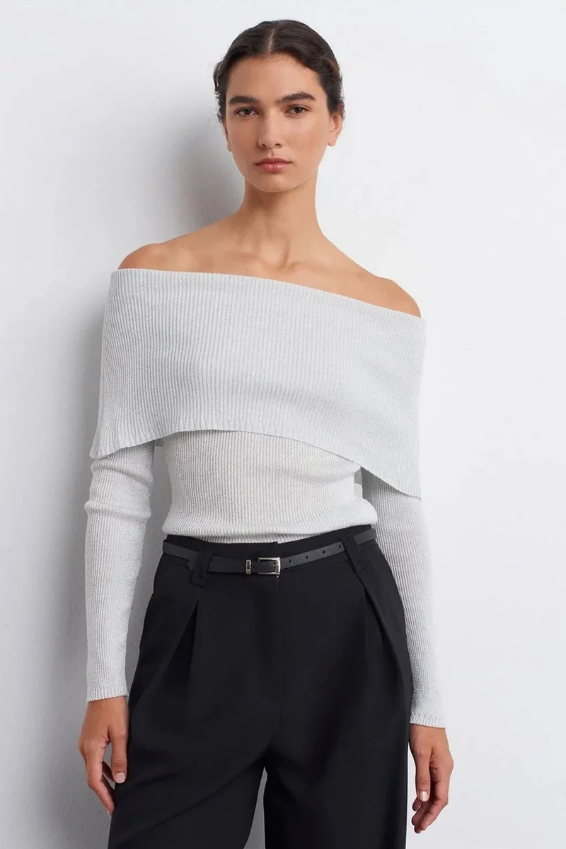 Dilvin Dusty White DILVIN Fitted Off-Shoulder Ribbed Knit Sweater for Women | Best Price UAE