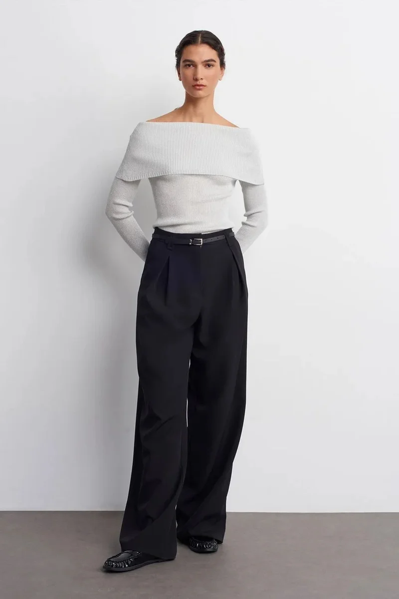 Dilvin Dusty White DILVIN Fitted Off-Shoulder Ribbed Knit Sweater for Women | Best Price UAE